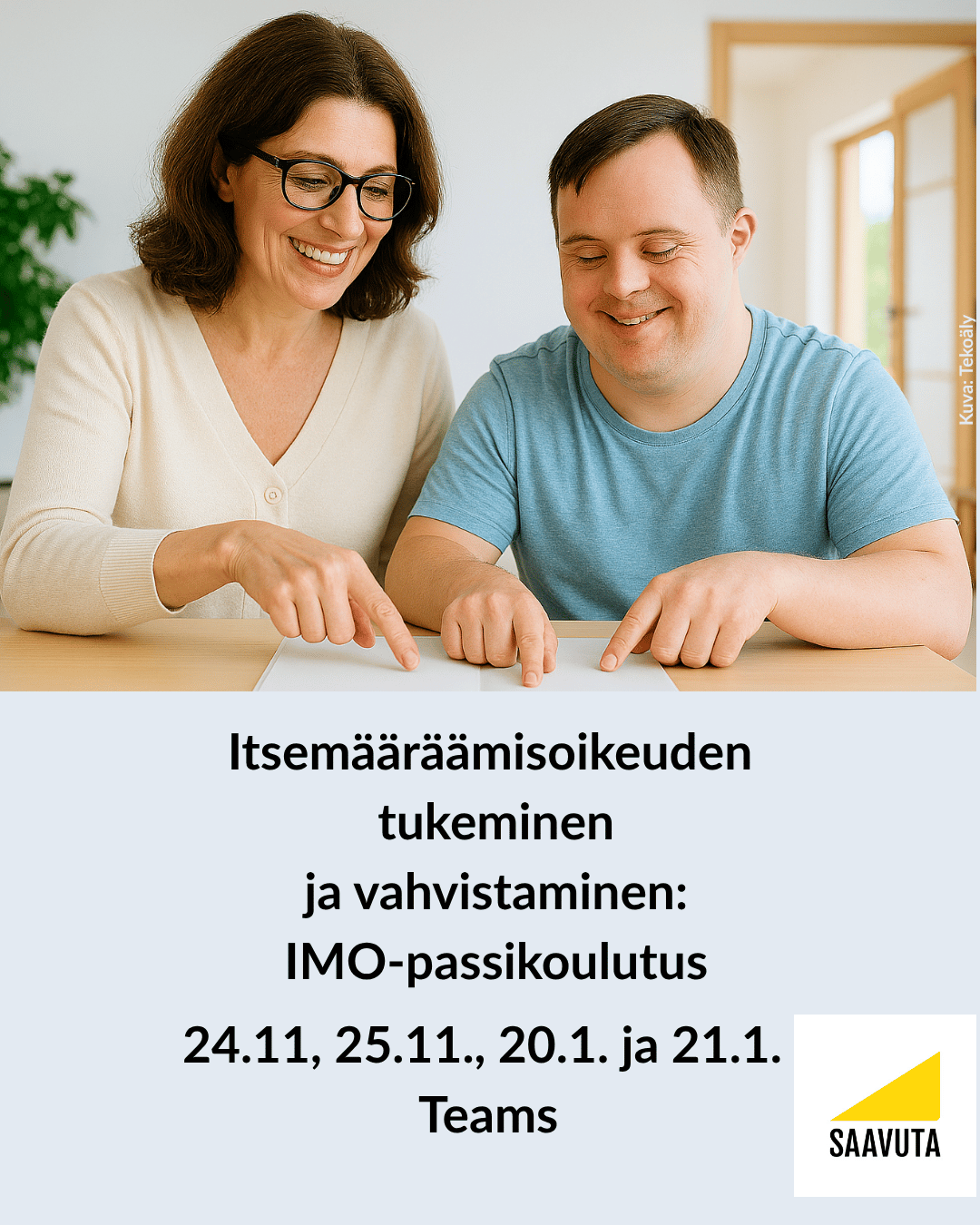 Poika ja hoitaja hymyilevät